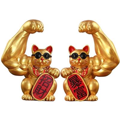 Feng Shui Figurine Muscle Maneki Neko Gold Set of 2 Blue Collar Maneki Cats Gold Feng Shui Item Increase Your Fortune Gift Small Gift Present [AiO