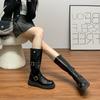 Soft leather mid-height boots Western cowboy boots Women's belt buckle Korean version retro knight boots Brown boots over the knee