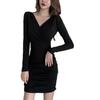 Women's Sexy V-Neck Slim Black Short Dress for Autumn/Winter