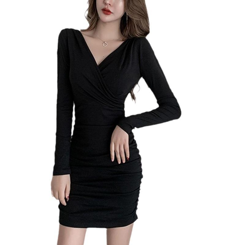 Women's Sexy V-Neck Slim Black Short Dress for Autumn/Winter
