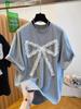 Plus Size European Style 3D Lace Bow Cotton Short Sleeve Women's T-shirt, Loose & Slimming with Round Neck