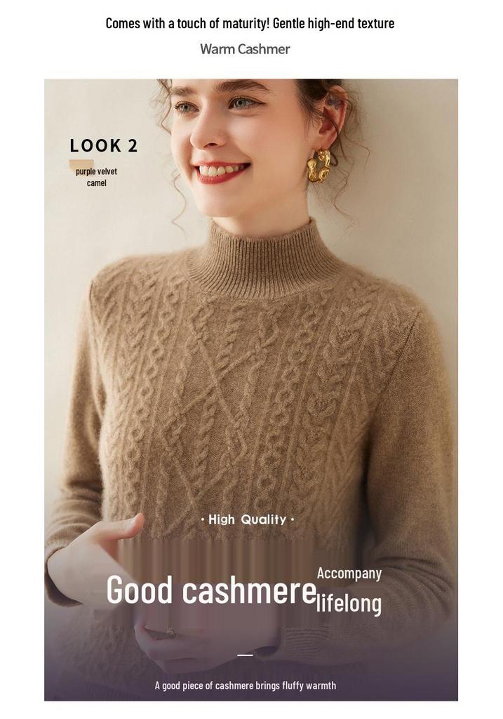 Women's Thick Diamond Pattern Cashmere Sweater - Half-High Neck, Gentle Style, Warm Loose Fit, Short Knitwear for Autumn and Winter