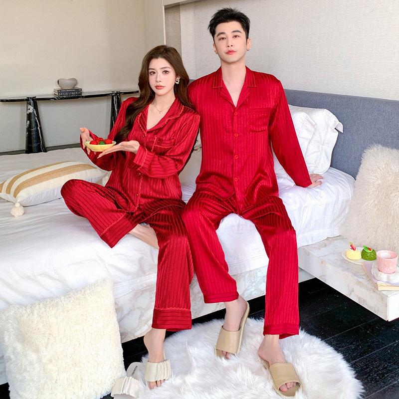 Elegant Silk Couple Pajamas Set: Women's Spring/Summer Long Sleeve & Pants in Red Wedding Design, Plus Size Men's Homewear.