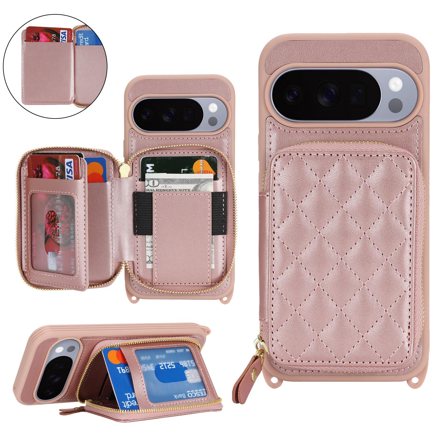 

For Google Pixel 10/10 Pro Case Ring Holder Zipper Pocket Kickstand Leather Back Phone Cover with Shoulder Strap