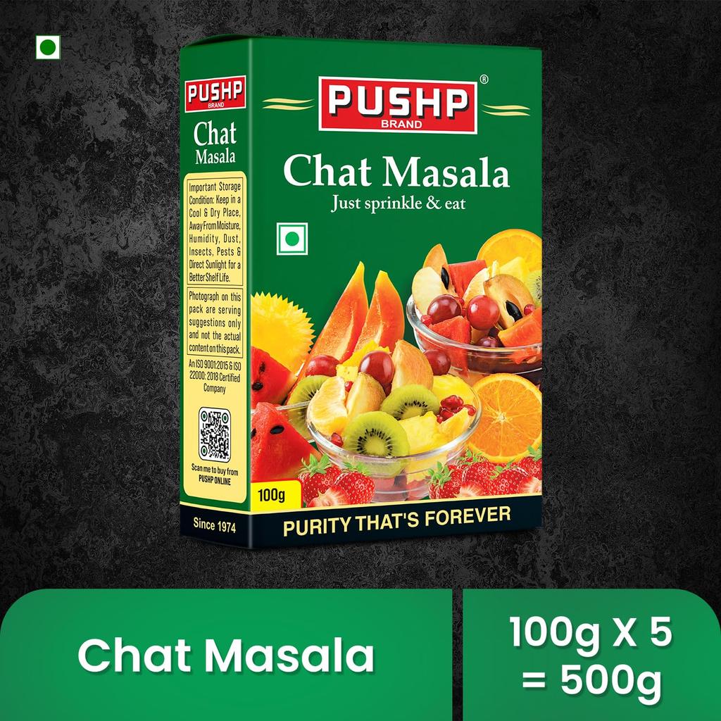 Pushp Chat Masala Tangy And Spicy Seasoning Blend For Fruits Snacks Salads And Chaats Authentic Flavor Enhancer 100G X Pack Of 5
