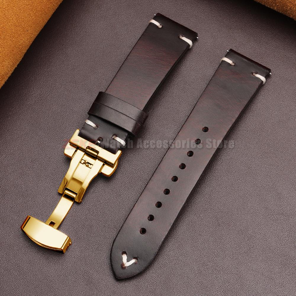 Vintage Oil Wax Leather Watch Band 18mm20mm 22mm Bracelet for Seiko Butterfly Buckle Stitching Cowhide Strap for Omega Watchband