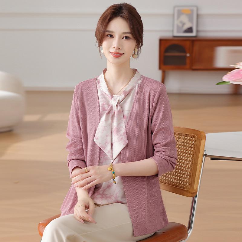 

Elegant Spring Faux Two-Piece Long-Sleeve Knit Top for Middle-Aged Women 3XL [120-135 lbs]