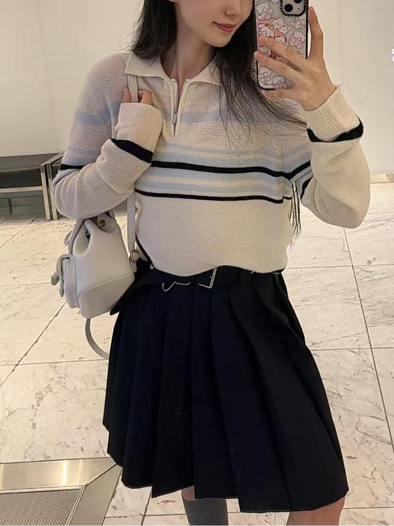 Women's Autumn/Winter 2025 Striped Polo Neck Zipper Knitwear
