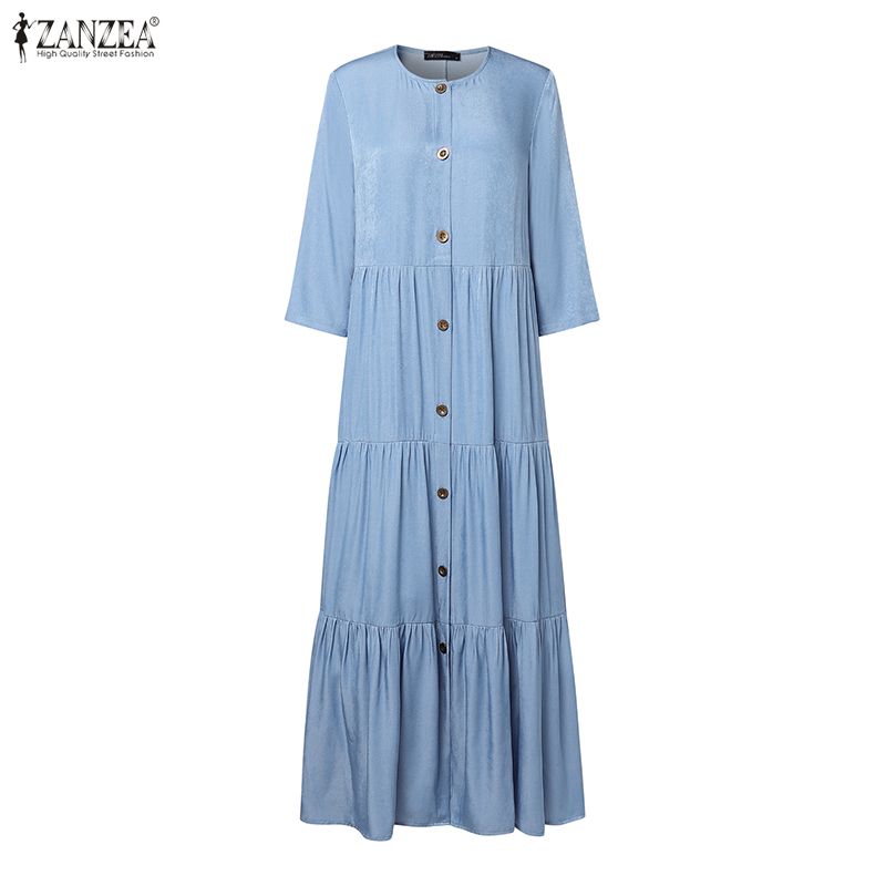 ZANZEA Women Round Neck 3/4 Sleeve Loose Casual Long Dress