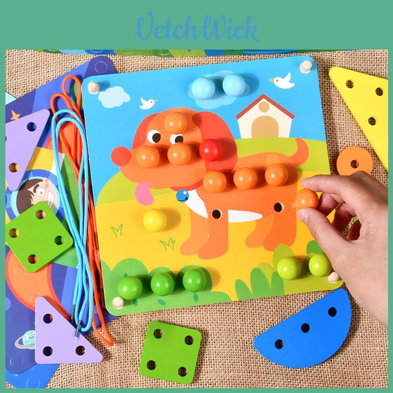 Wooden 2in1 Early Education Threading Board With Creative Puzzle For Kids Learning