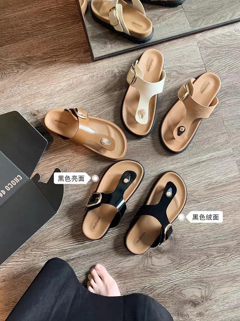 In stock! Grape mother has the same toe and wide surface adjustable square buckle flat bottom thick bottom Birkencool slippers for women's summer wear
