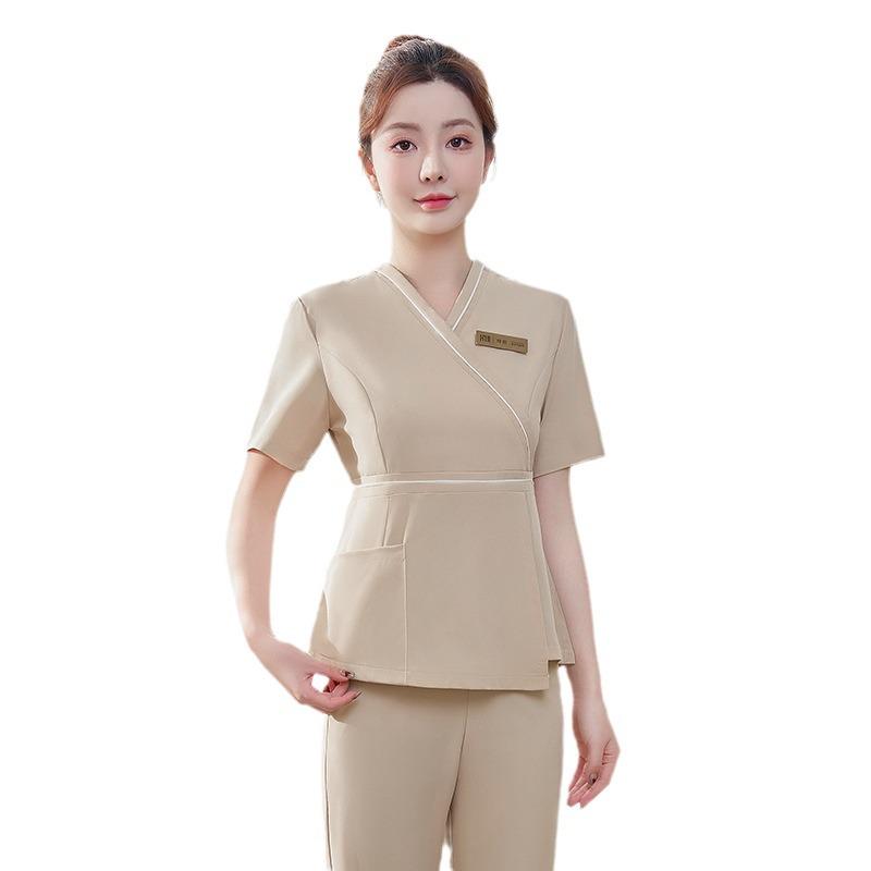 Damen-Kurzarm-Spa-Uniform mit Taschen - Elastische Arbeitskleidung für Kosmetikstudio & Pediküre