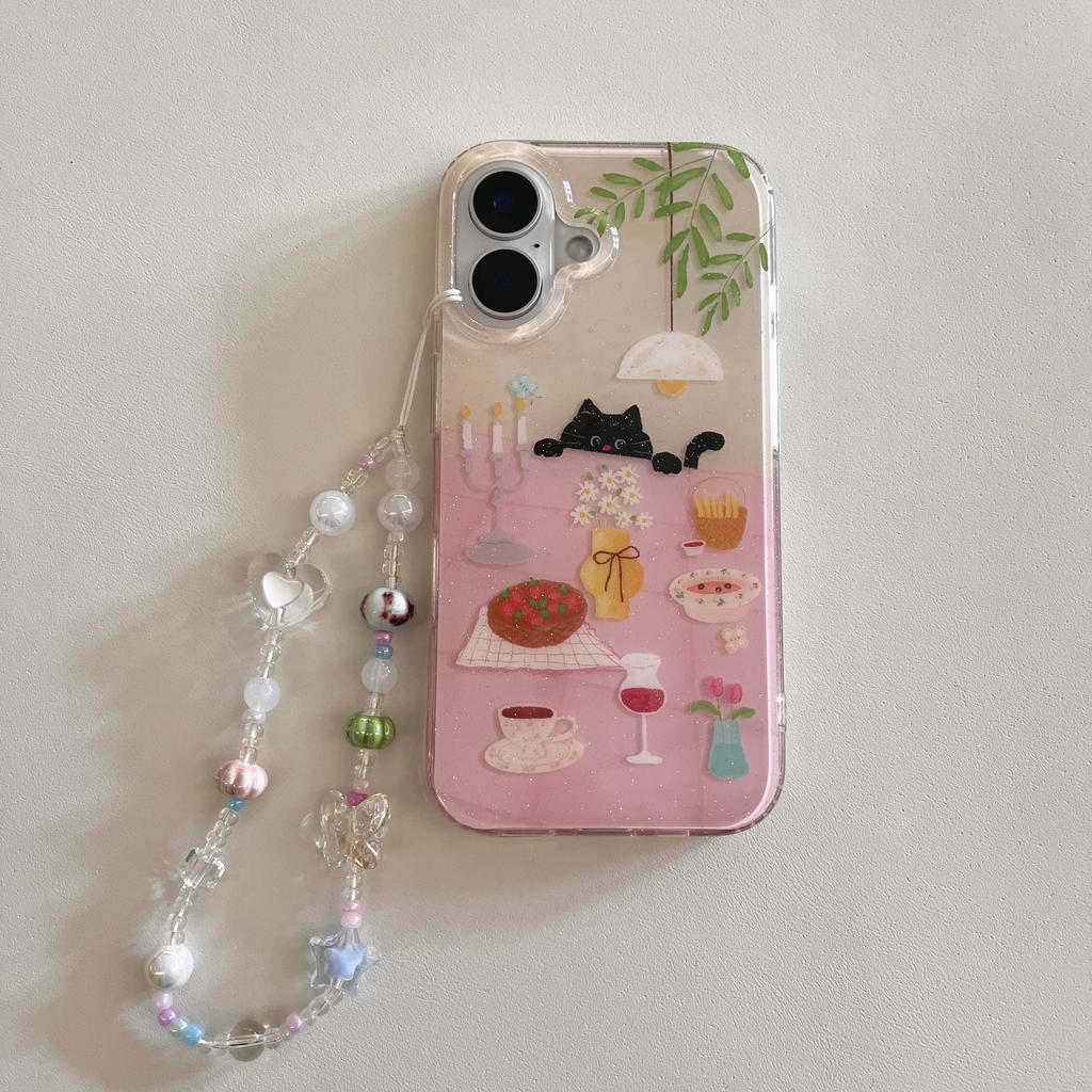 Imd shell glitter flower cherry cat back cover for iphone 15 16 pro max 13 14 promax cartoon bracelet phone case