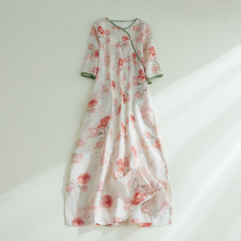 New women's Chinese style buckle cheongsam dress printed cotton dress in summer