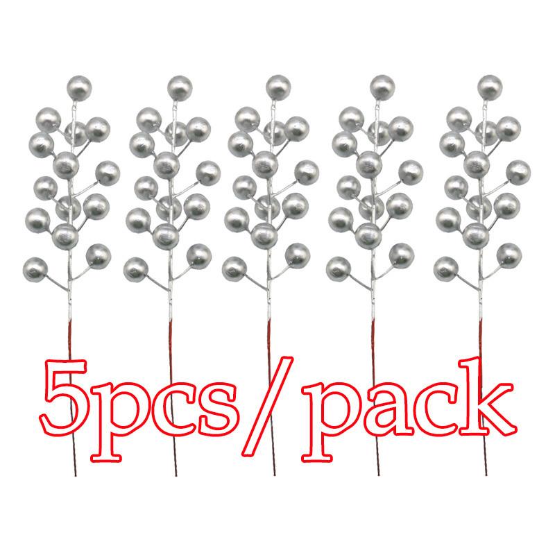 

(5 Pcs/Pack) Artificial Pearls Cherry Berries Simulation Fruit with Flower Stamens for Wedding DIY Christmas Tree Decoration серебряный