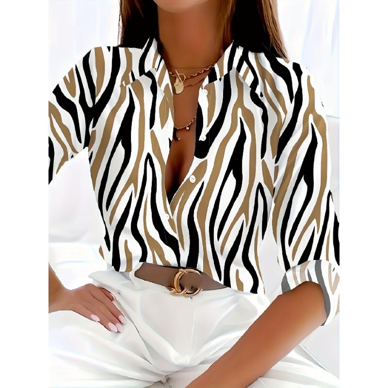 Border Trendy Four-Season Fresh Zebra Stripe Print Line Art Print Shirt Cardigan Lapel Artistic Style Shirt