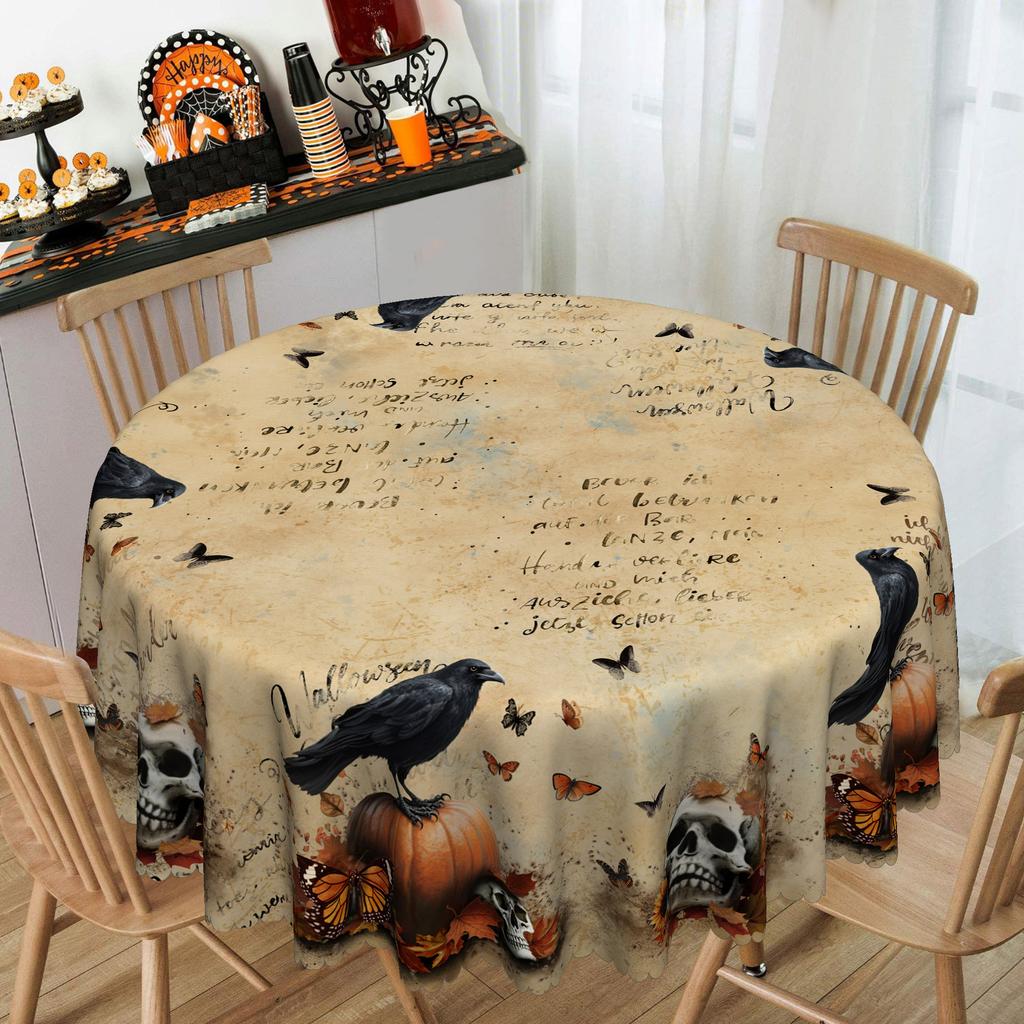 Halloween Themed Tablecloth, Party Holiday Atmosphere Arrangement, Skull Pumpkin, Crow Butterfly Print Table Tablecloth