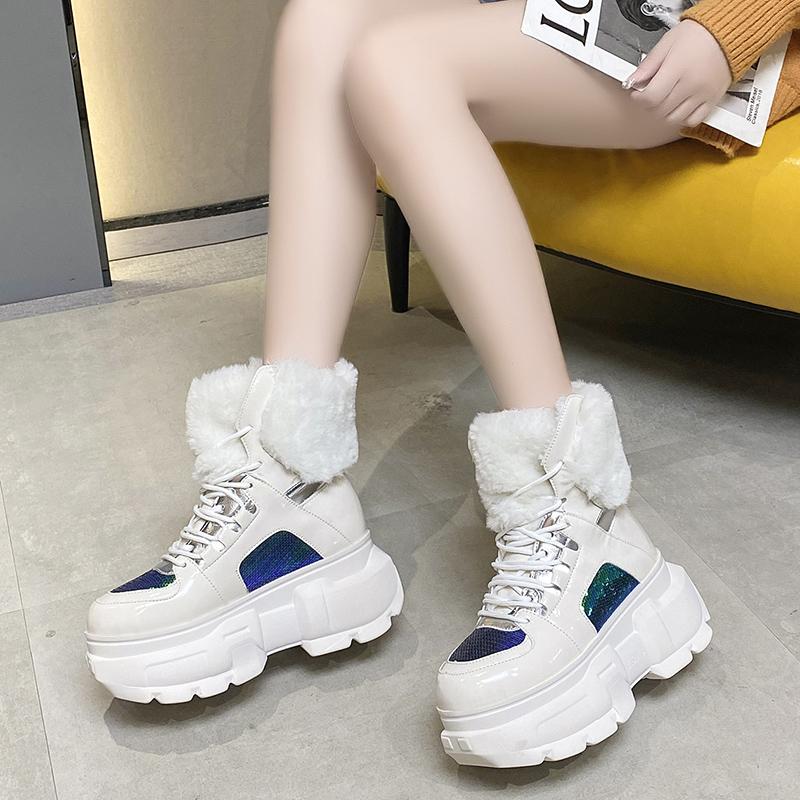 Fashion Fashion Women Chunky 8CM Platform Motorcycle Boots White Lace Up Thick Bottom Shoes Woman Autumn Winter Ankle Botas De Mujer