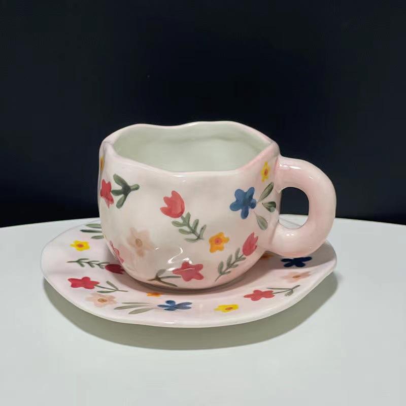 Hand Painted Blue Sky White Clouds Coffee Mug with Saucer Ceramic Handmade Tea Cup Saucer Set Lovely Gift Irregular Coffee Mug