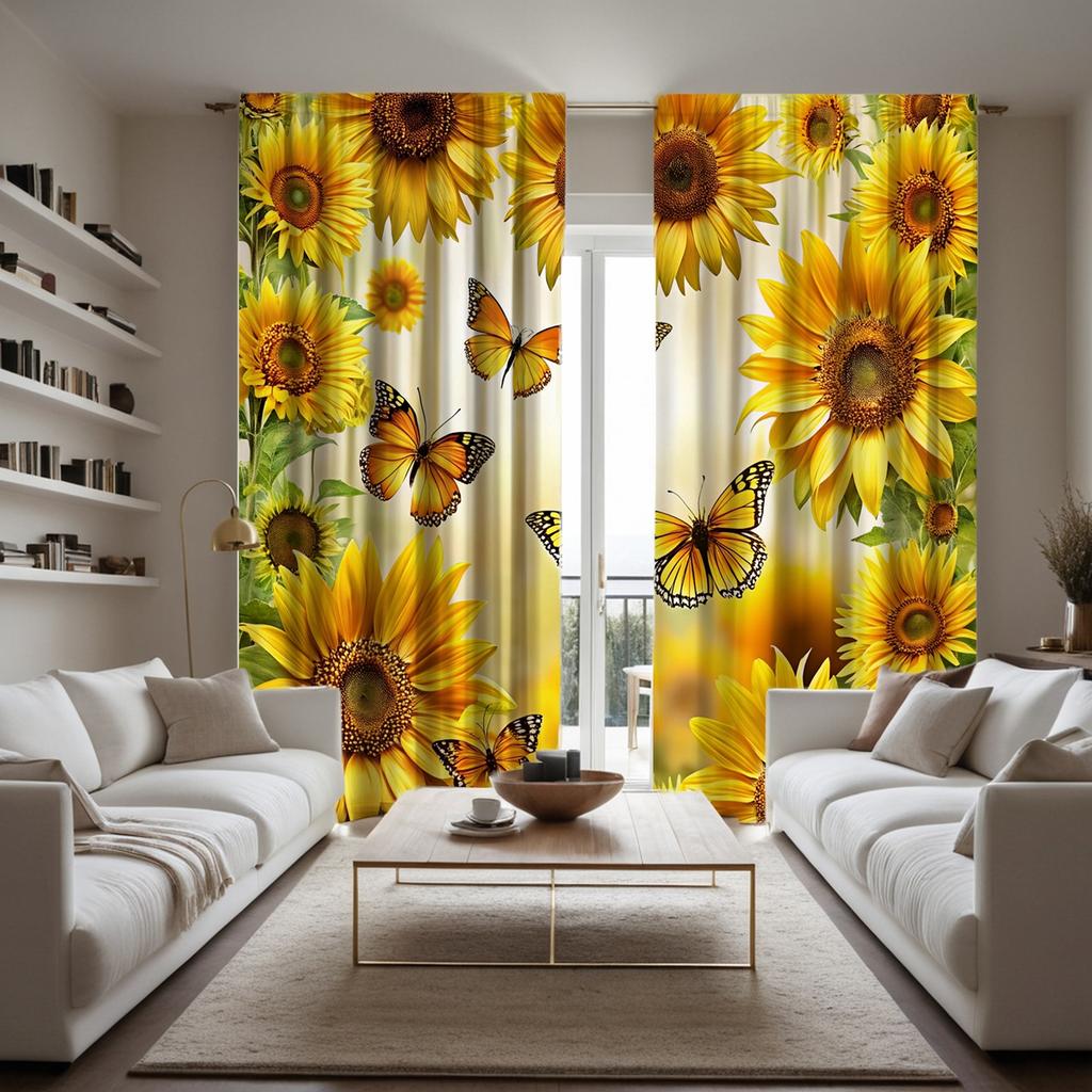 2PCS HD Digital Curtain Printed Yellow Tie Sunflower Flowers Butterfly Home Decoration Style Decorate Living Room Bedroom Wea