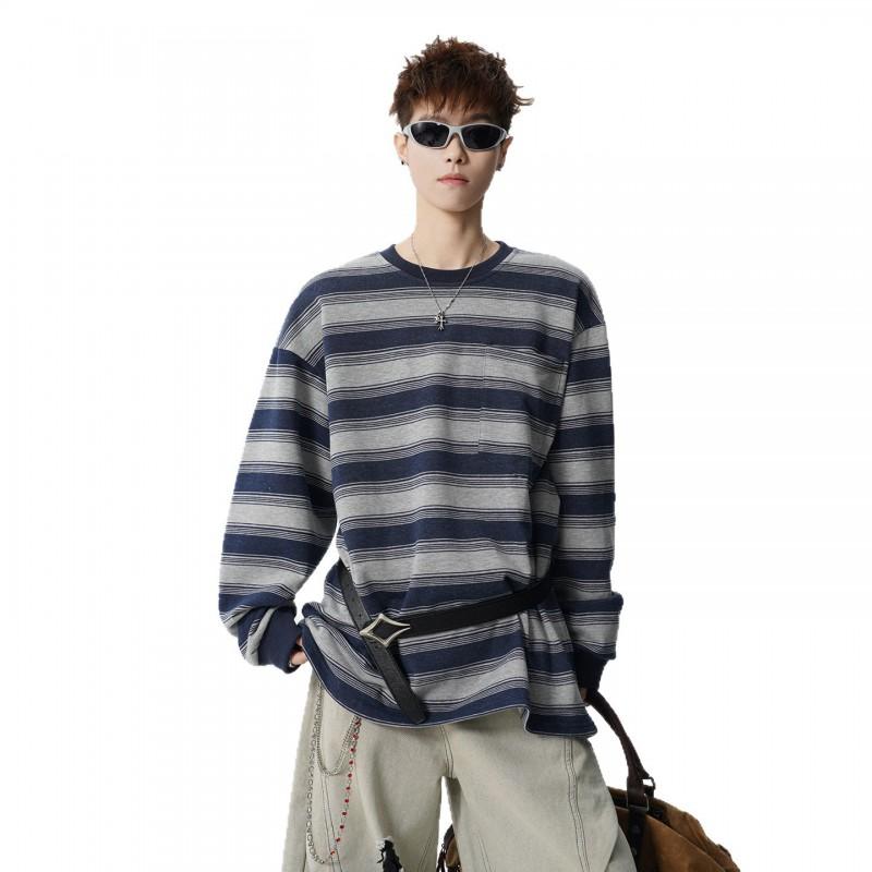 100% Cotton Vintage Striped Long Sleeve Crewneck Sweatshirt Unisex Loose Fit Casual Top
