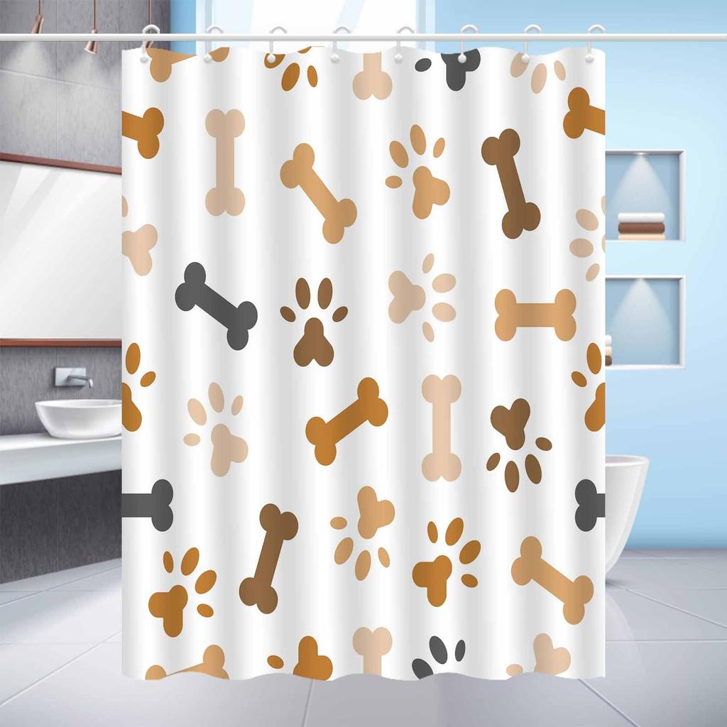1Pc Modern Simple Cartoon Bone And Paw Print Shower Curtain Polyester Fabric, Machine Washable, Suitable For Bathroom Decoration