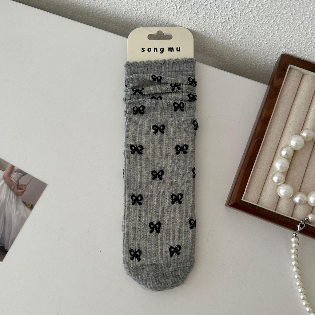 Bm Bow Polka Dot Socks Women'S Mid-Tube Socks Season Thin Girl Socks Lolita Stack Socks All Size Cotton