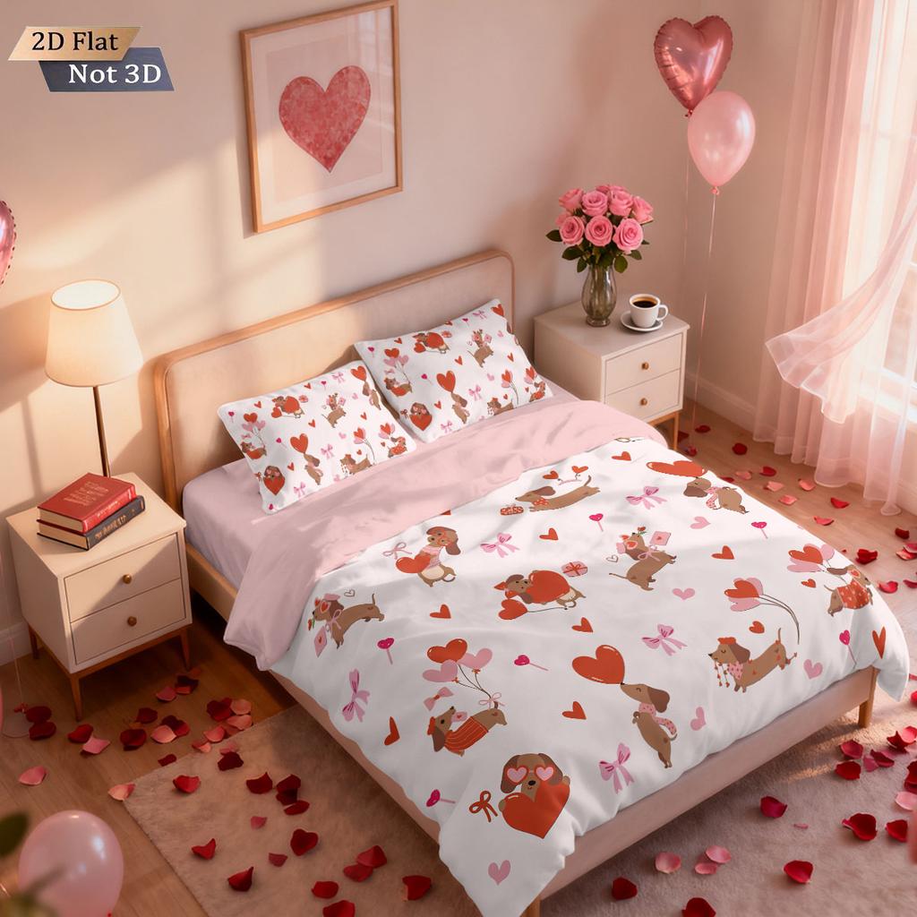 3pcs Romantic Valentine's Day Pink Love Sausage Dog Printed Chipless Quilt Set Multi Size Bedroom Bedding Festival Decoration