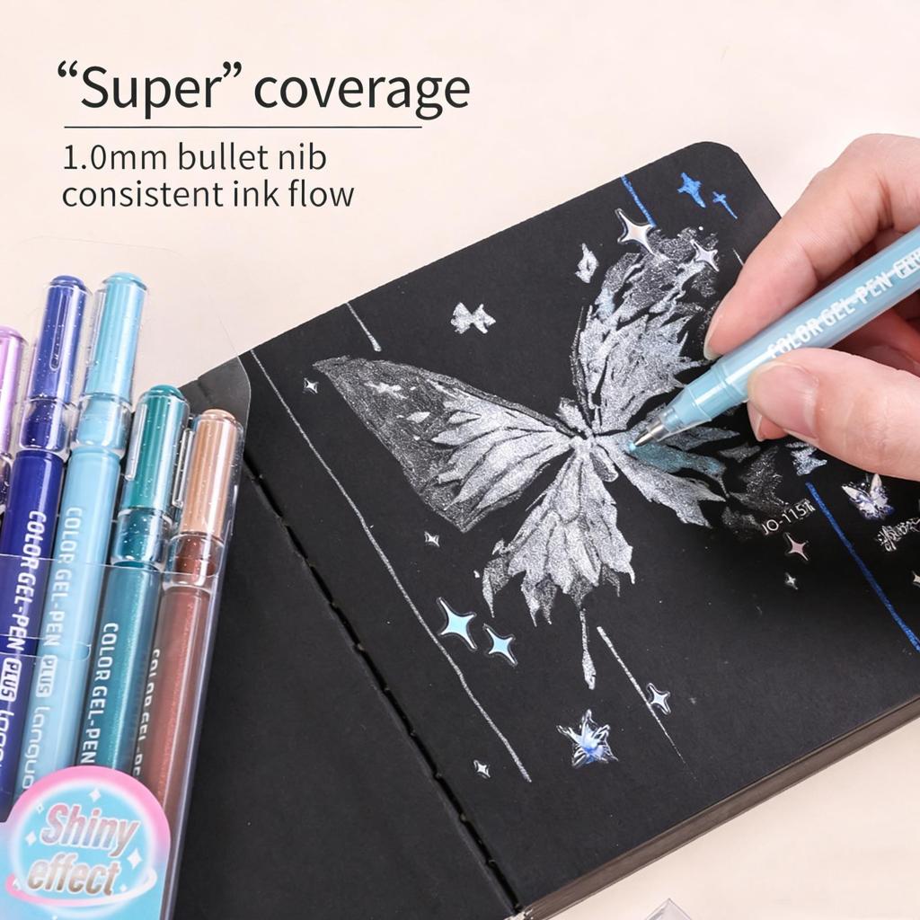 Set of 6-24 Metallic Glitter Gel Pens 1.0 mm Color Ballpoint Pen Book Card Long Lasting Writing Drawing Marking Coloring DIY Art