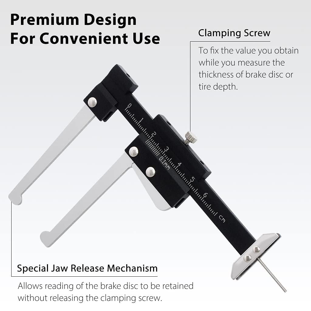 Car Brake Disc Depth Gauge Rolls and Tire Tread Depth Gauge 0-60mm Metric Caliper