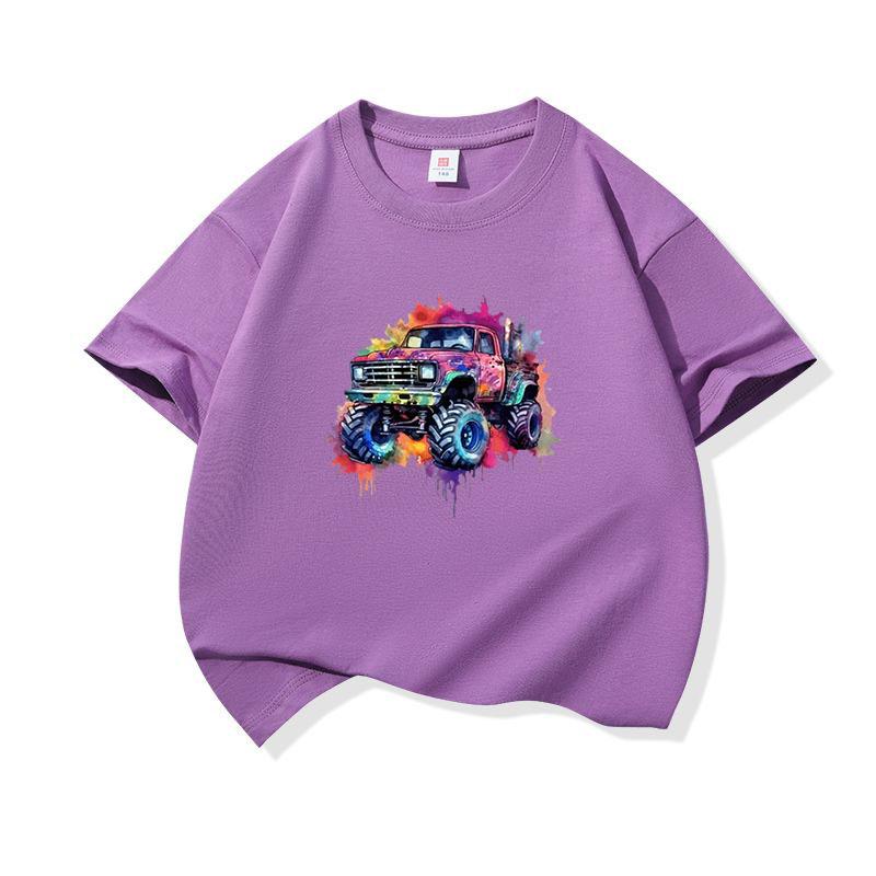 Kids Cotton T Shirt Cute Doodle Offroad Vehicle Print Crew Neck Short Sleeve Tee Casual Boys Girls Summer Tops