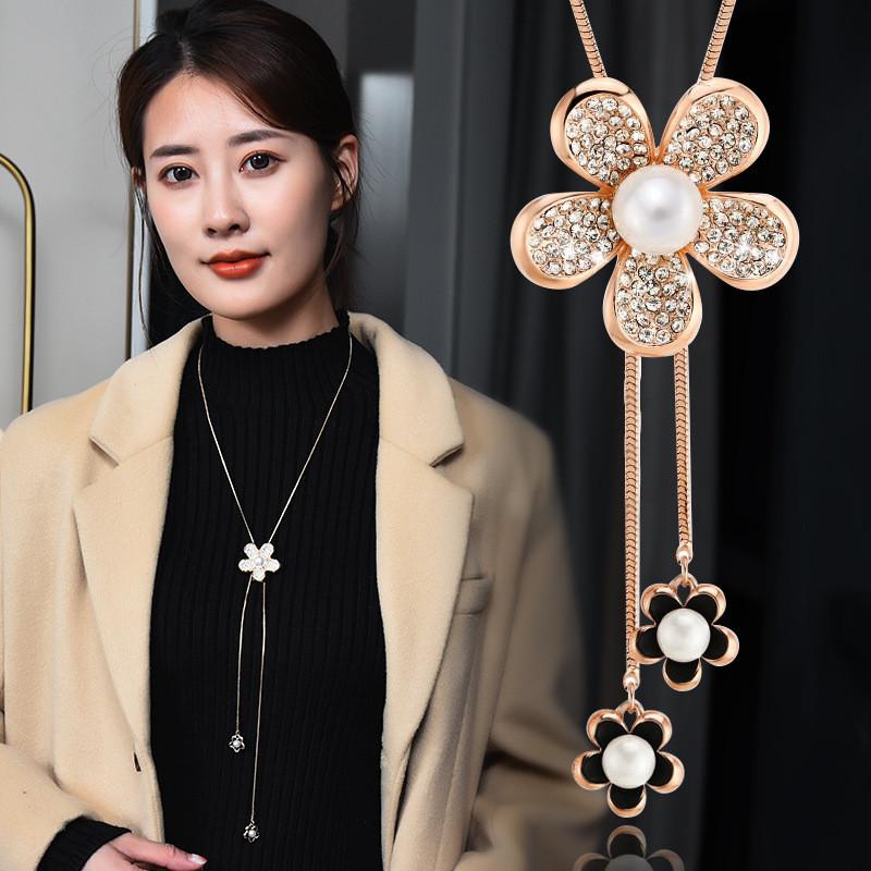Korean Long Feminine Necklace With Eyecatching Flower And Pearl Pendant Design