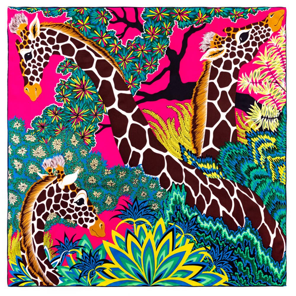 Trois Girafe Hijabs Foulard Femme Bandana Fait Main Sergé Bouclé Soie Carré Foulard de Luxe Foulards de Tête Écharpes 90Cm