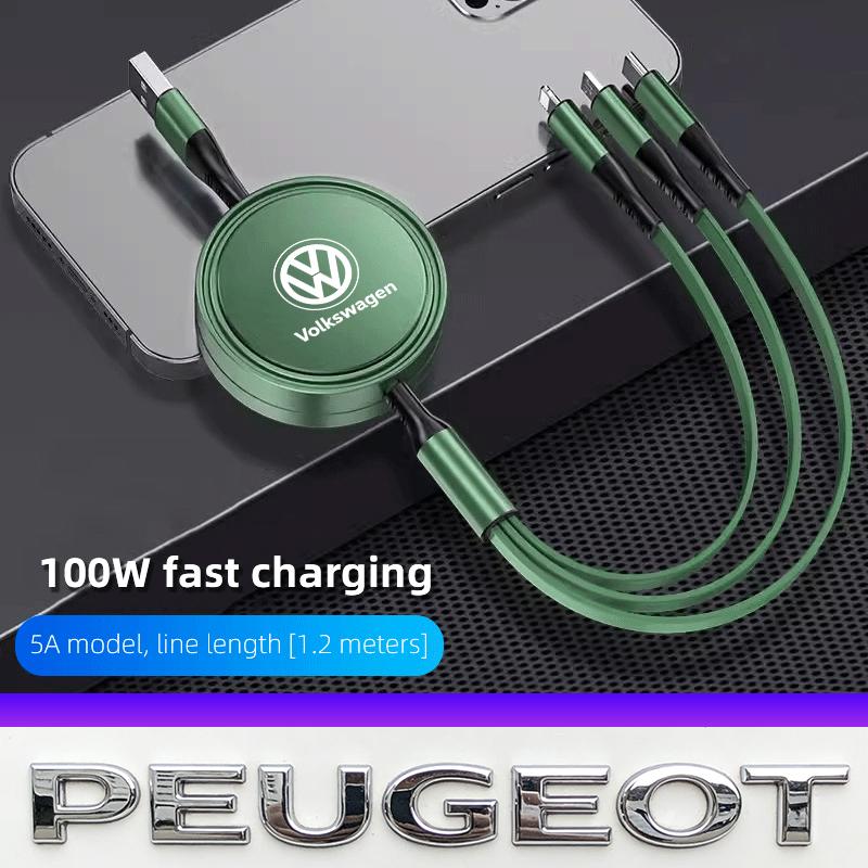 100W Fast Charging 3-in-1 Data Cable Car USB Charger Accessories Valve Cap For VW Golf Amarok T5 Phaeton Teramont ID3 Tiguan T-