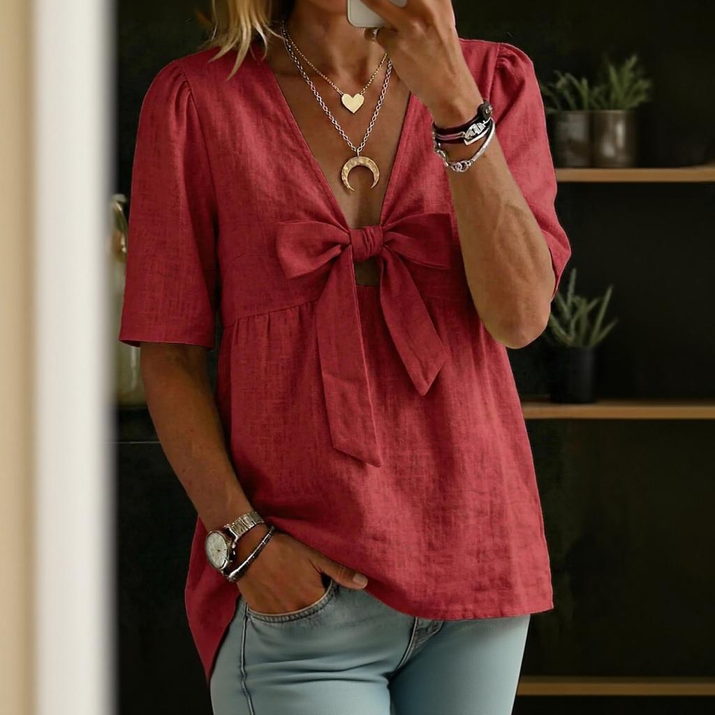 Women's Short-sleeved -color V-neck Stylish Top