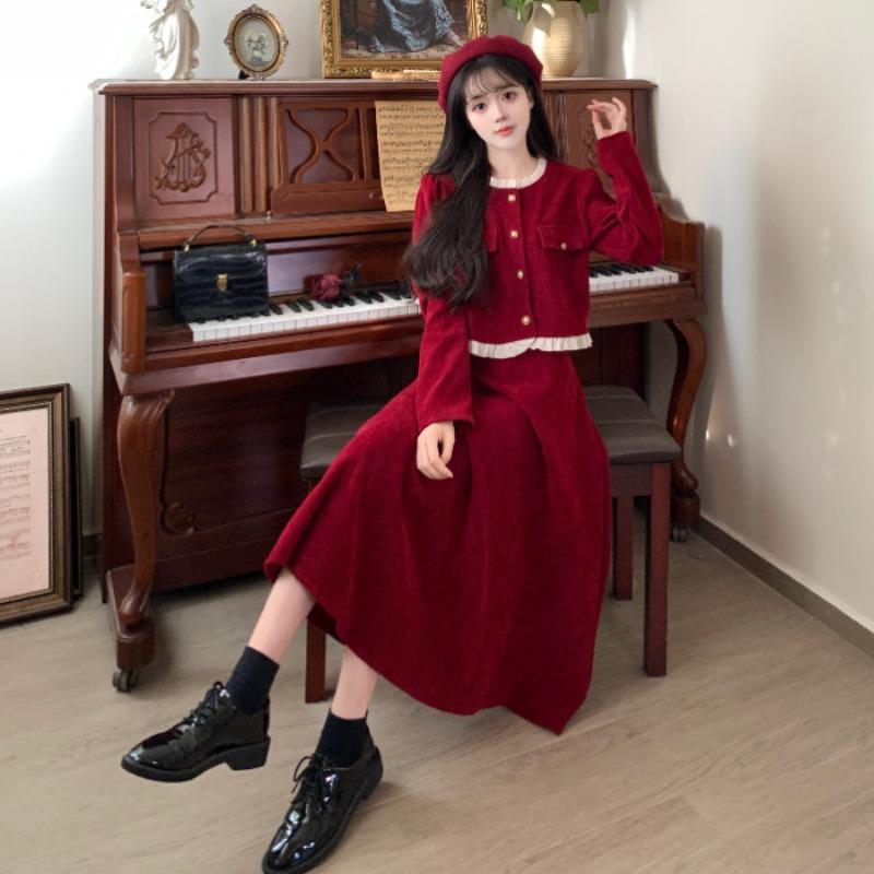 Xiaoxiangfeng suit dress autumn slim top large size red corduroy skirt