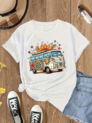 T-shirt da Donna Bianca con Stampa Bus Estate Monocolore Girocollo Manica Corta Casual Larga Quotidiana Base Grafica Maglietta Top