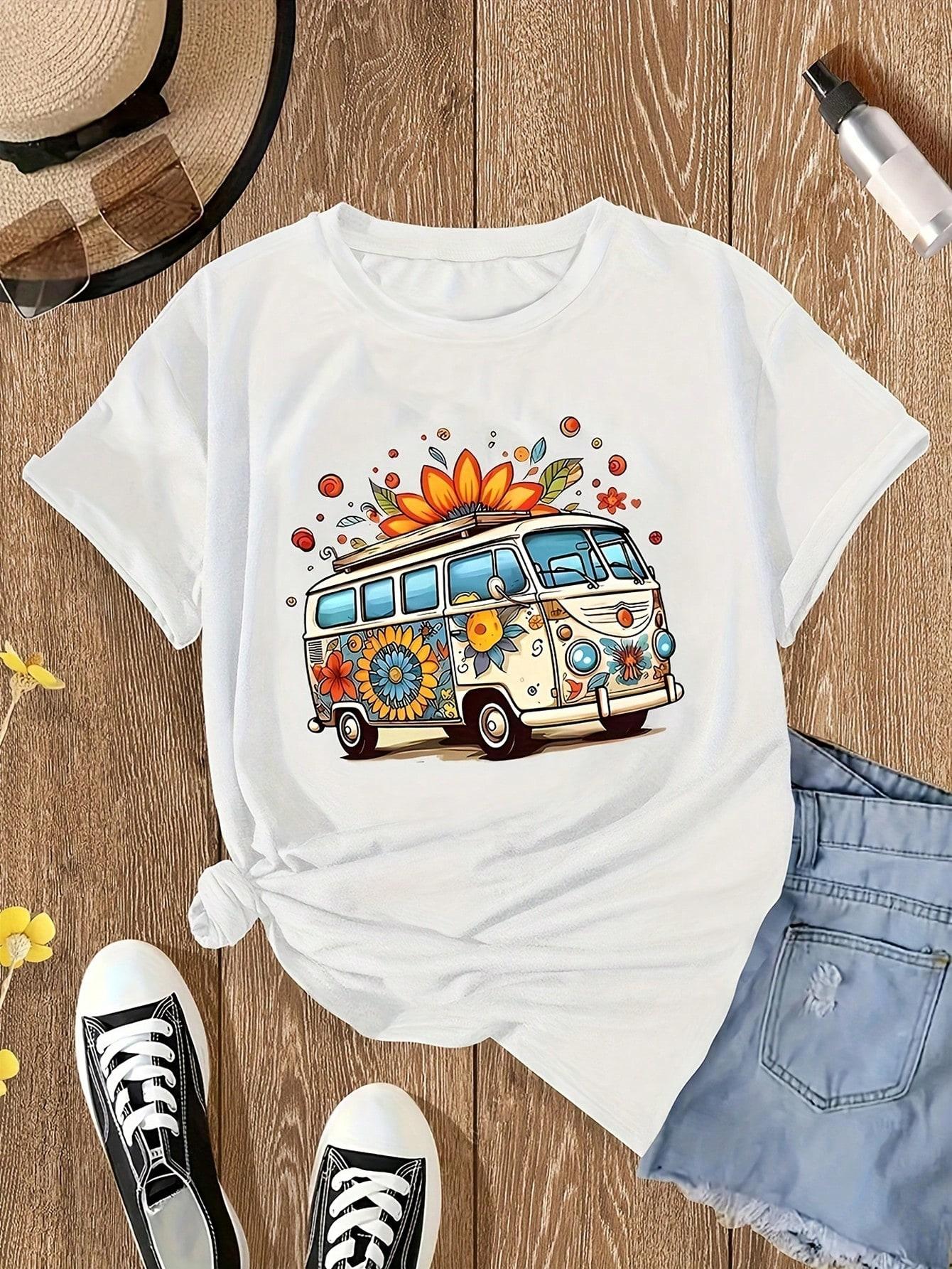 Damen Weißer Bus-Print T-Shirt Sommer Einfarbige Rundhals Kurzarm Lässig Locker Täglich Basic Grafik T-Shirt Top XXL