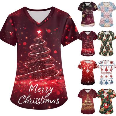 Women's Fashion V-neck Short Sleeve Workwear With Pockets Christmas Printed Tops