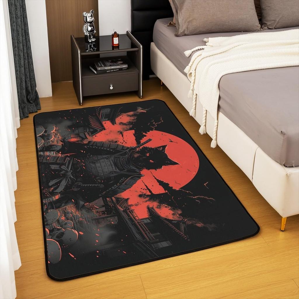 Japanese Samurai Cat Print Area Rug, Red Sun & Ancient City Design Non-Slip Floor Mat for Living Room Bedroom Home Decor Carpet