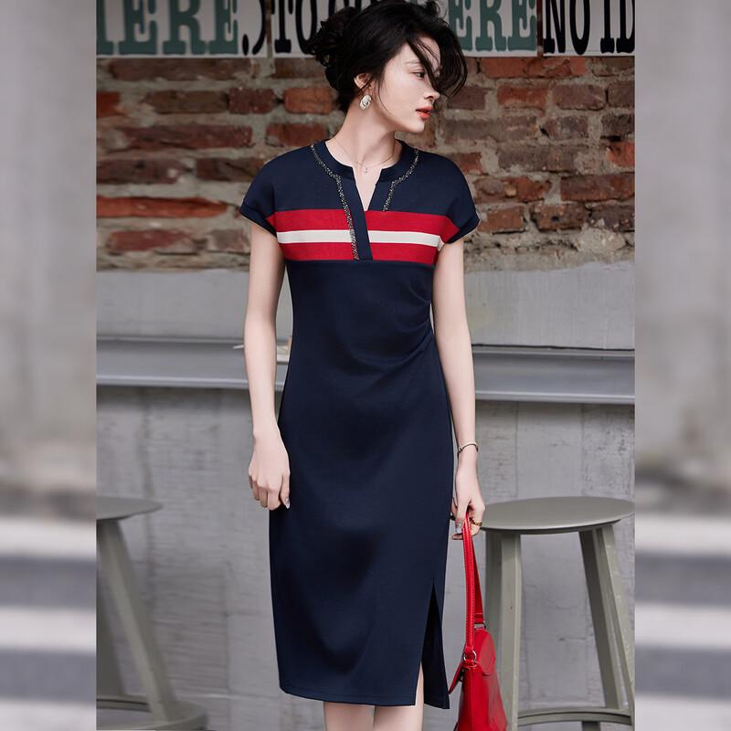 

Women s Striped V-Neck Maxi Dress with Chain Detail M