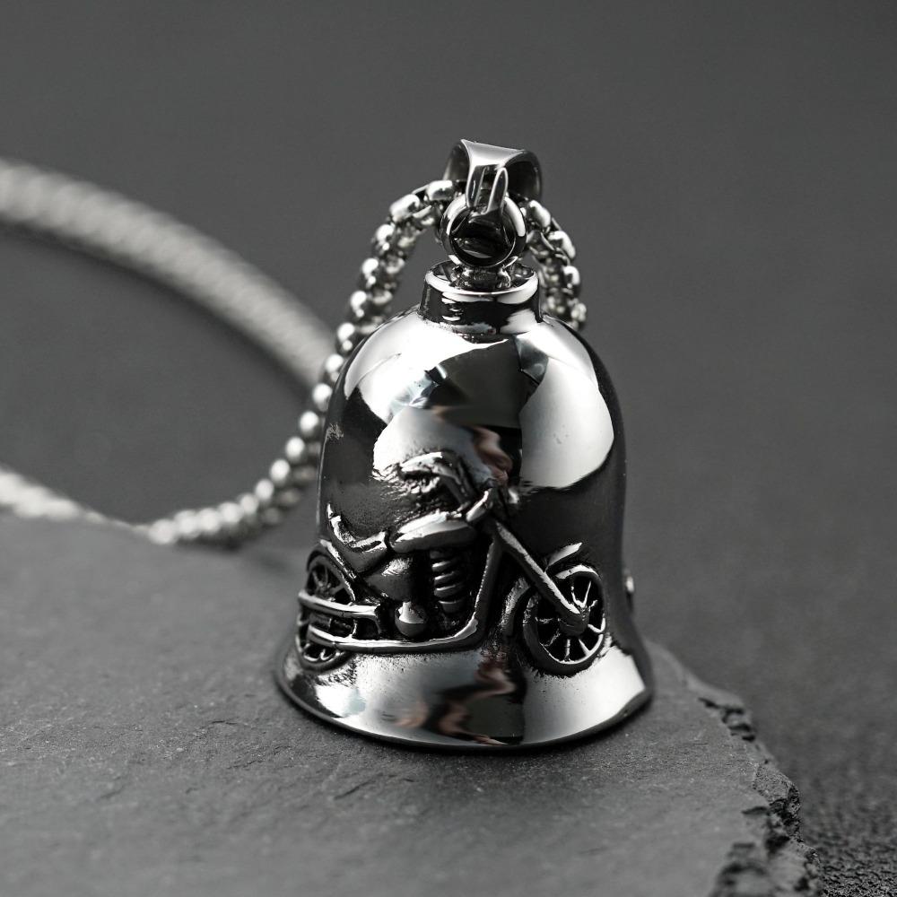 Stainless Steel Viking Motorcycle Pendant Gothic Punk Biker Jewelry for Men with Exorcism Bell