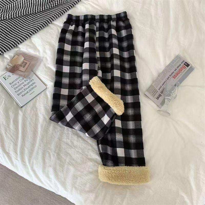 Women's High Waist Plaid Straight Pants Loose Fleece Lined Warm Casual Wide Leg Trousers For Winter Student Daily Commute Wear