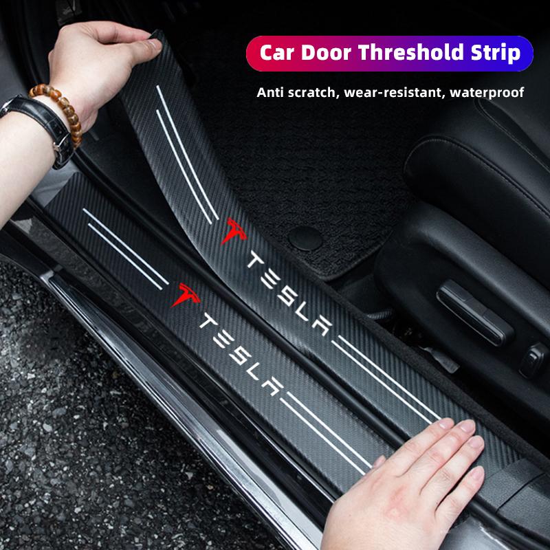 5Pcs Leather Car Door Stickers Carbon Fiber Threshold Anti Scratch For Tesla Model-3 Model-S Model-X Model-Y Cybertruck Roadster