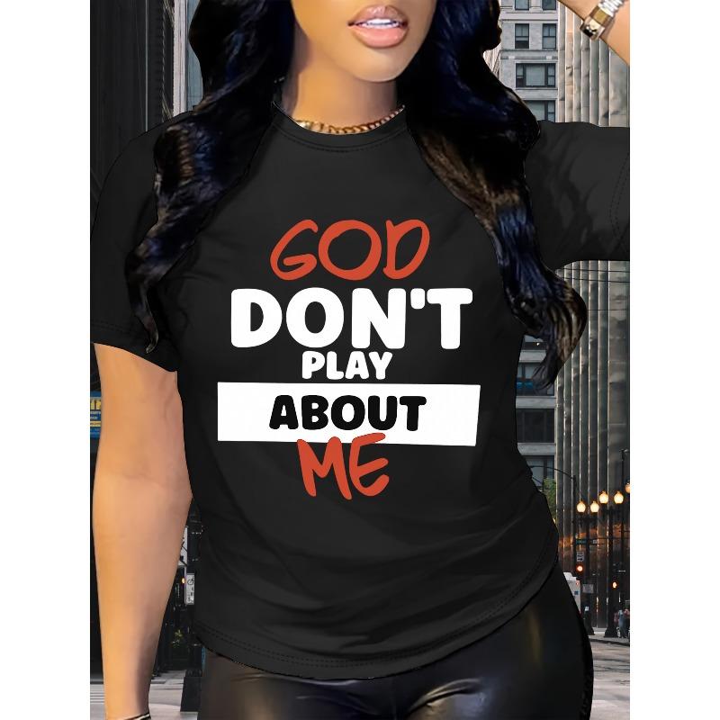 

European size Women S Funny GOD DON T PLAY ABOUT ME Slogan T-Shirt - with Red & Print, Lightweight Loose-Fit Casual Short Sleeve Round Neck Topummer 4XL