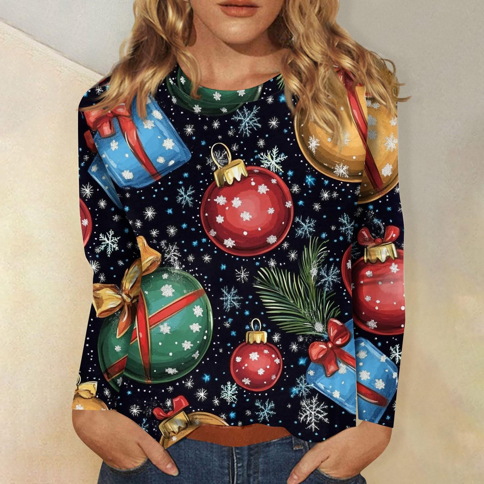

Женский модный повседневный топ с длинными рукавами и рождественским принтом с круглым вырезом Топ с длинными рукавами XXXXL красный