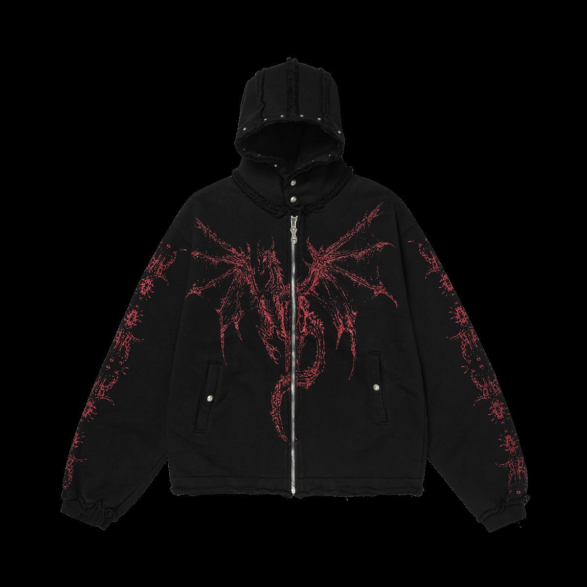 Unisex Heavyweight Bone Print Rivet Hoodie - Trendy High Street Style Outerwear M