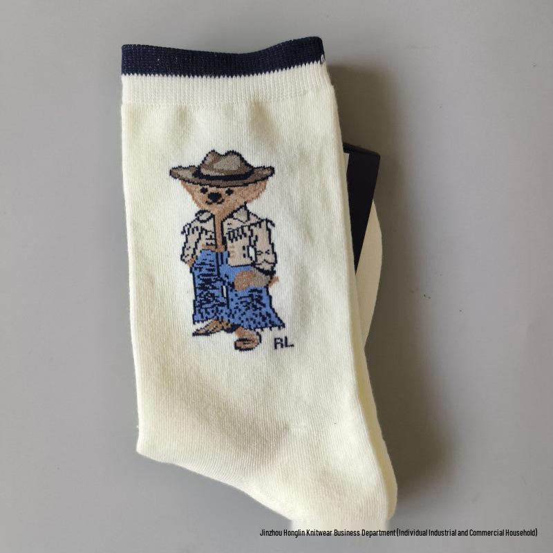 Trendy Little Bear Mid-Calf Women's Cotton Socks for Spring and Autumn
