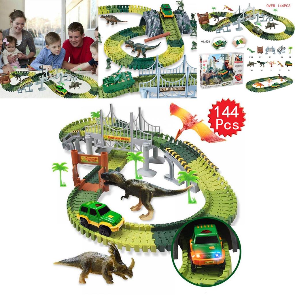 Explore The 144pcs Dinosaur Dino World Kid Flexible Race Car Track Play Set