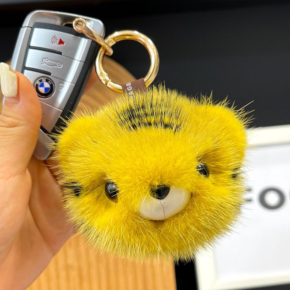 Cute Furry Tiger Head Keychain Keyring Women Bag Charm Plush Doll Toy Car Keychains Real Mink Fur Tiger Pendant Trinkets Gifts